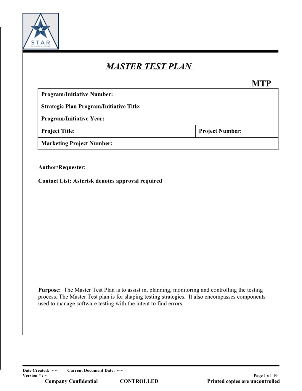 STAR, LLC Master Test Plan Template