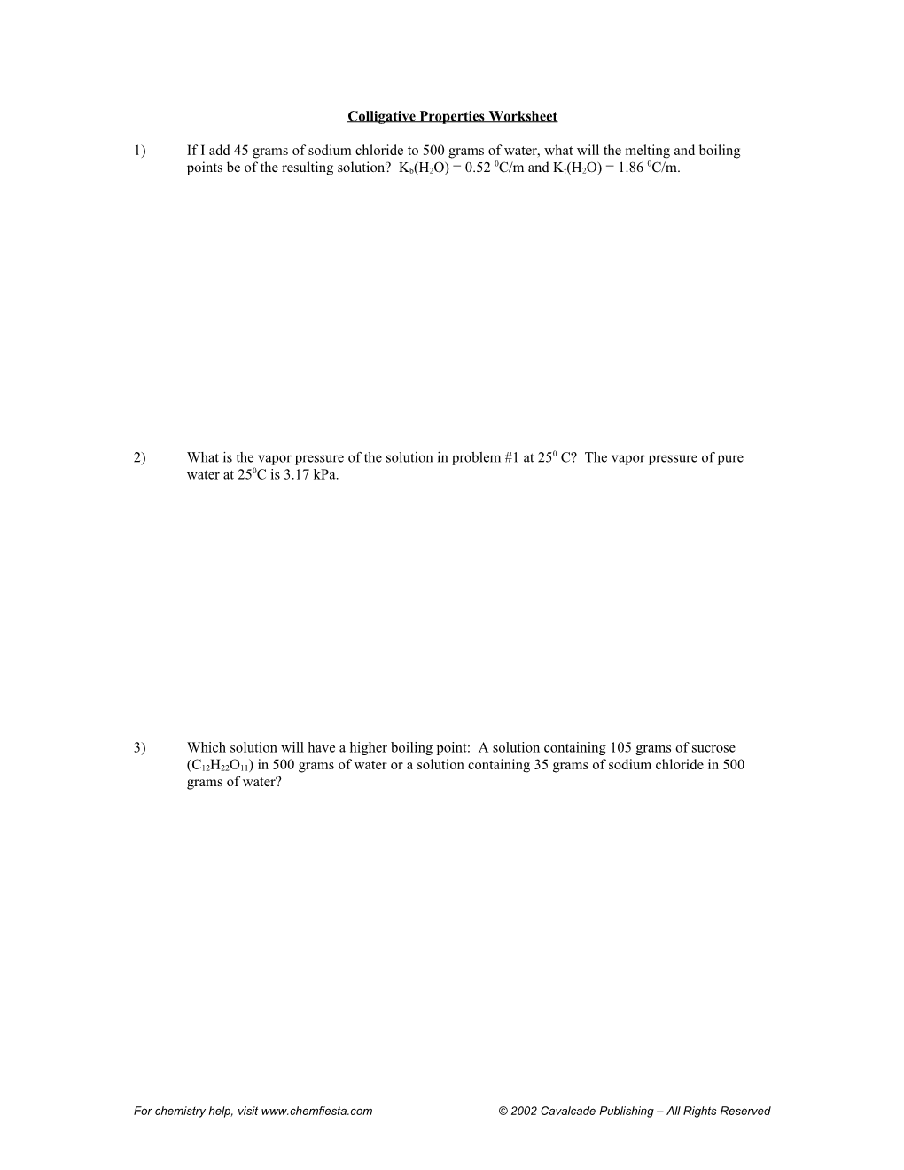 Colligative Properties Worksheet