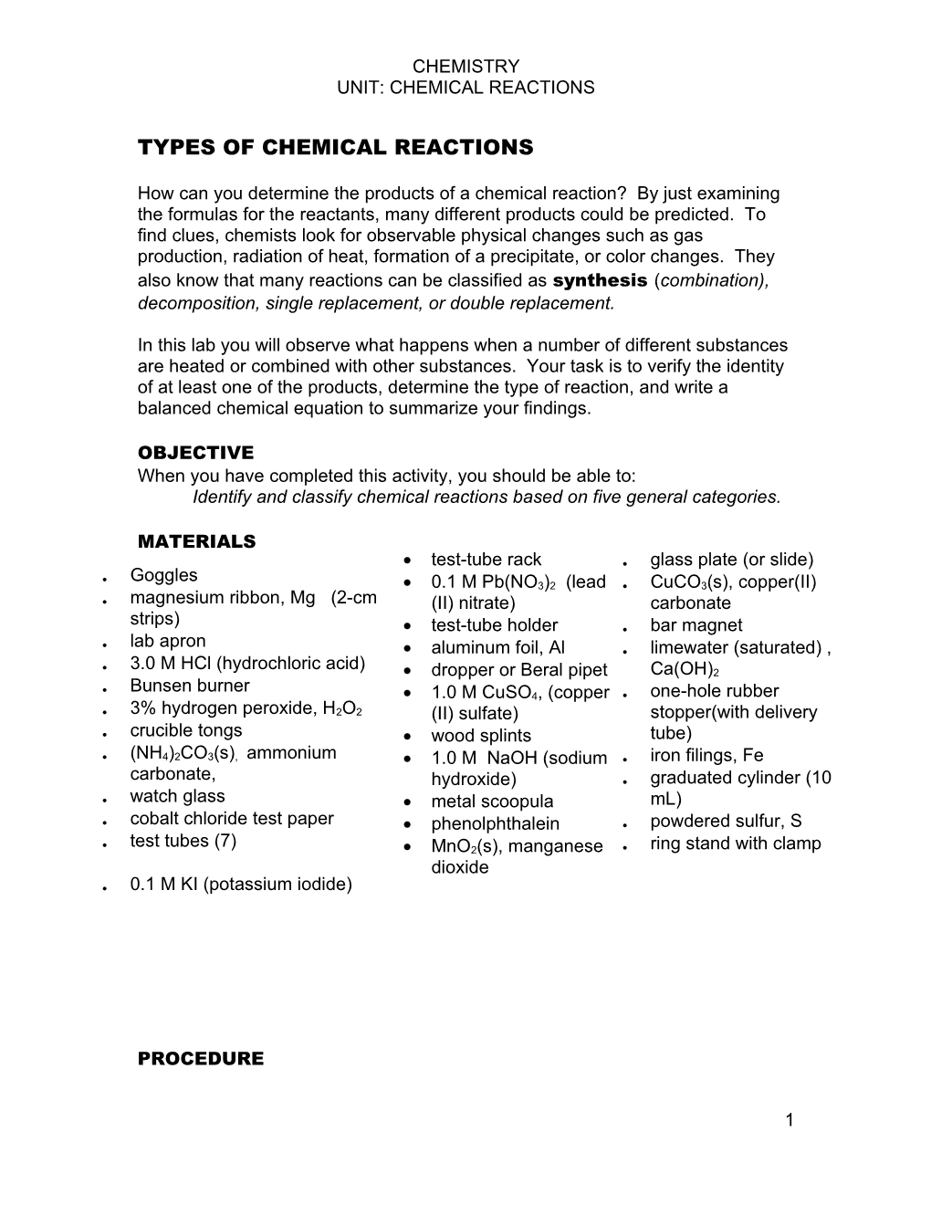 Types of Chemical Reactions