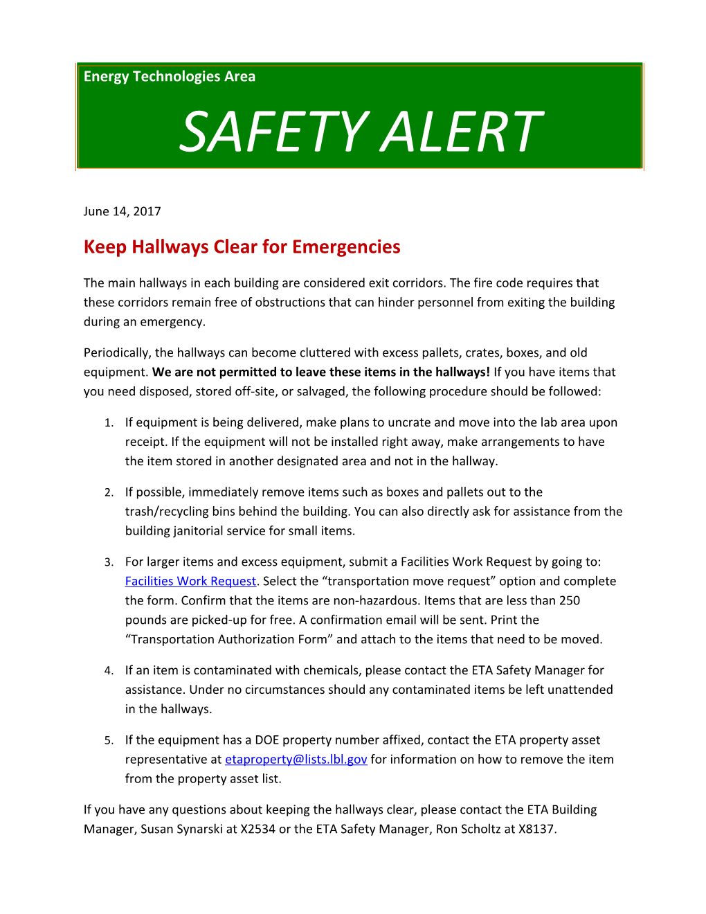Keep Hallways Clear for Emergencies
