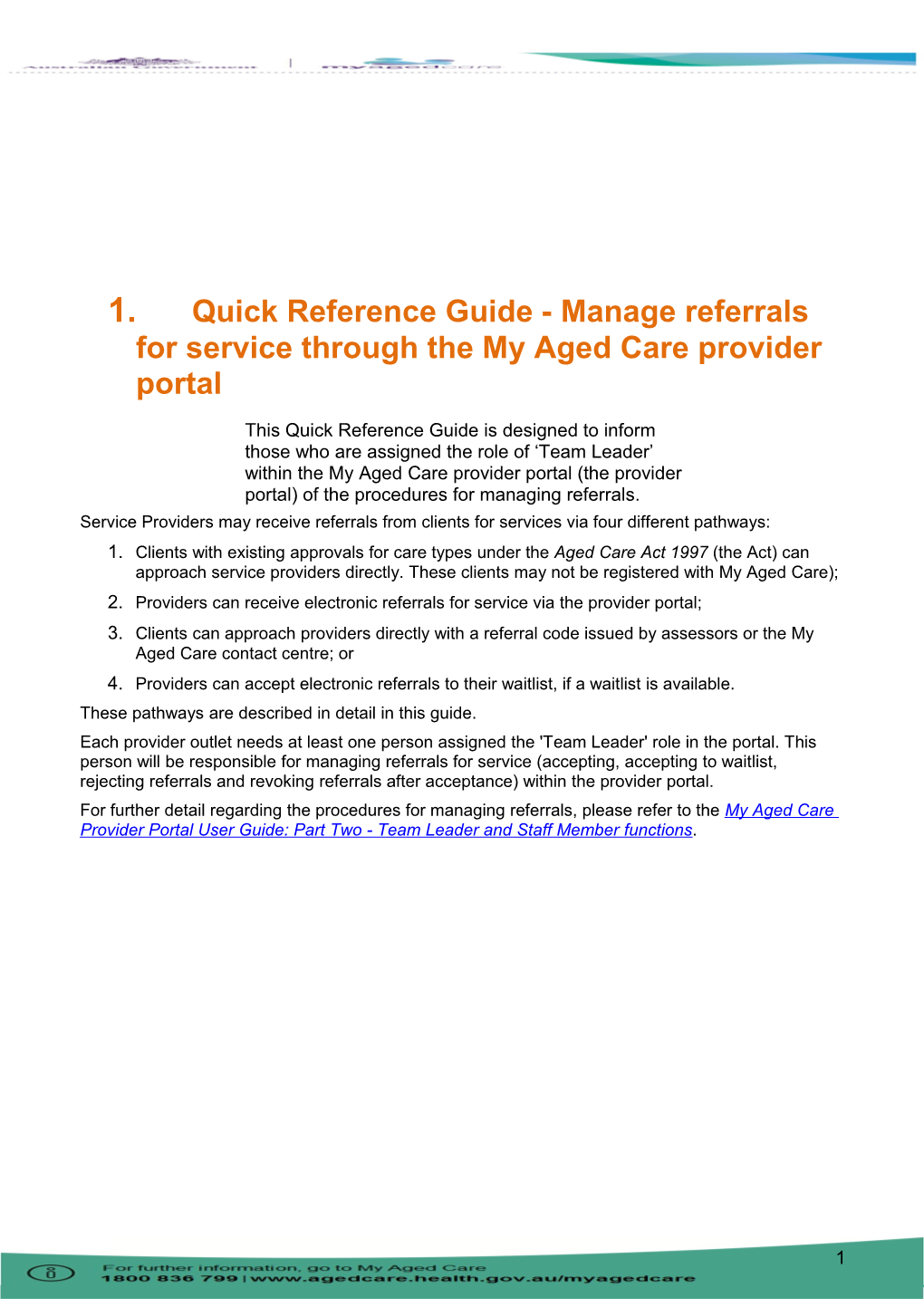 Quick Reference Guide - Manage Referrals for Service Through the My Aged Care Provider Portal