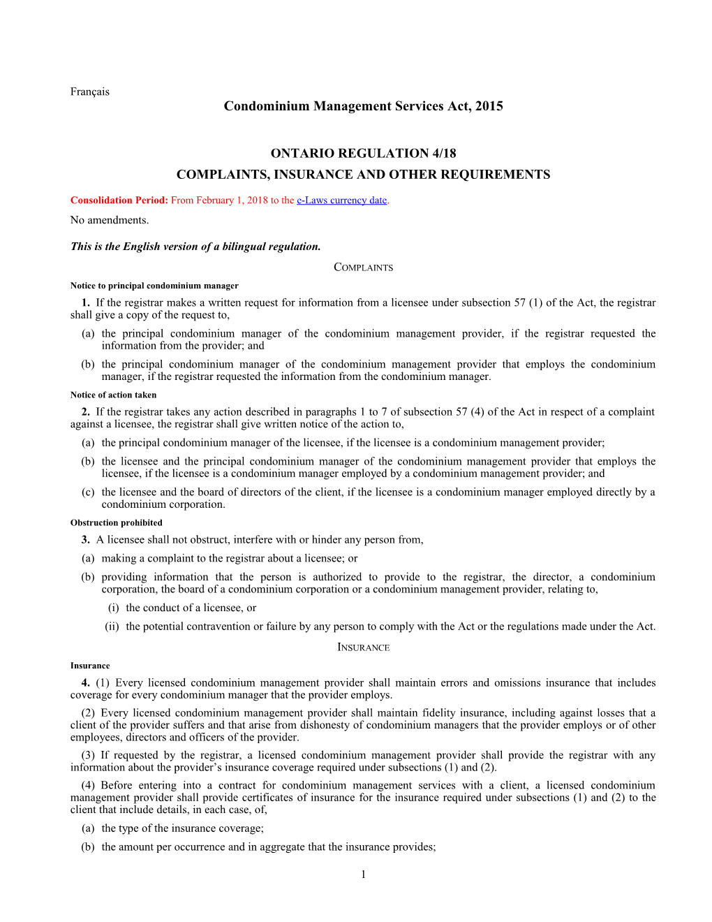 Condominium Management Services Act, 2015 - O. Reg. 4/18