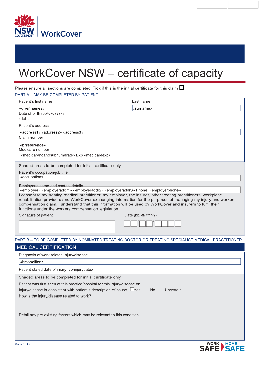 Workcover NSW Certificate of Capacity