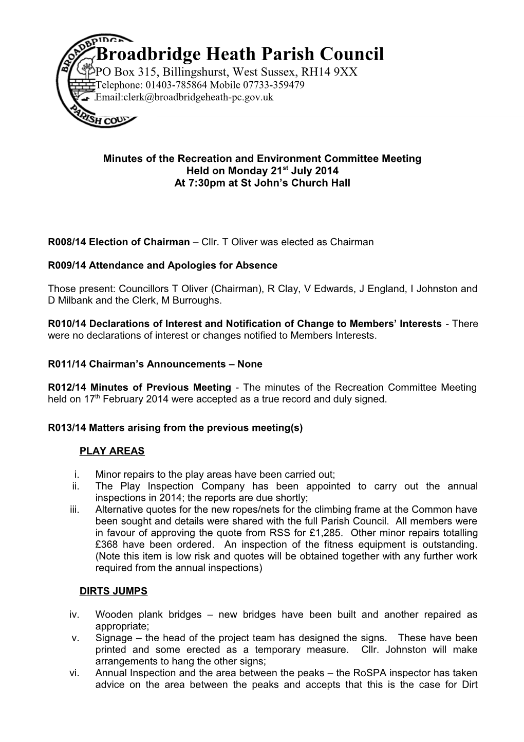 Minutes of the Recreation and Environment Committee Meeting