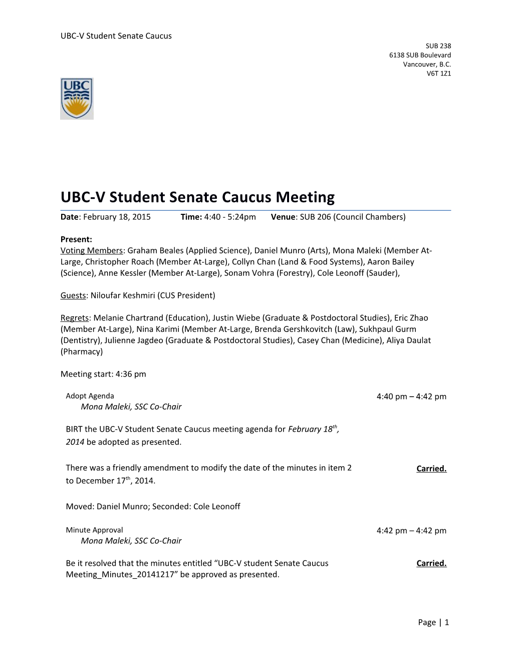 UBC-V Student Senatecaucus Meeting