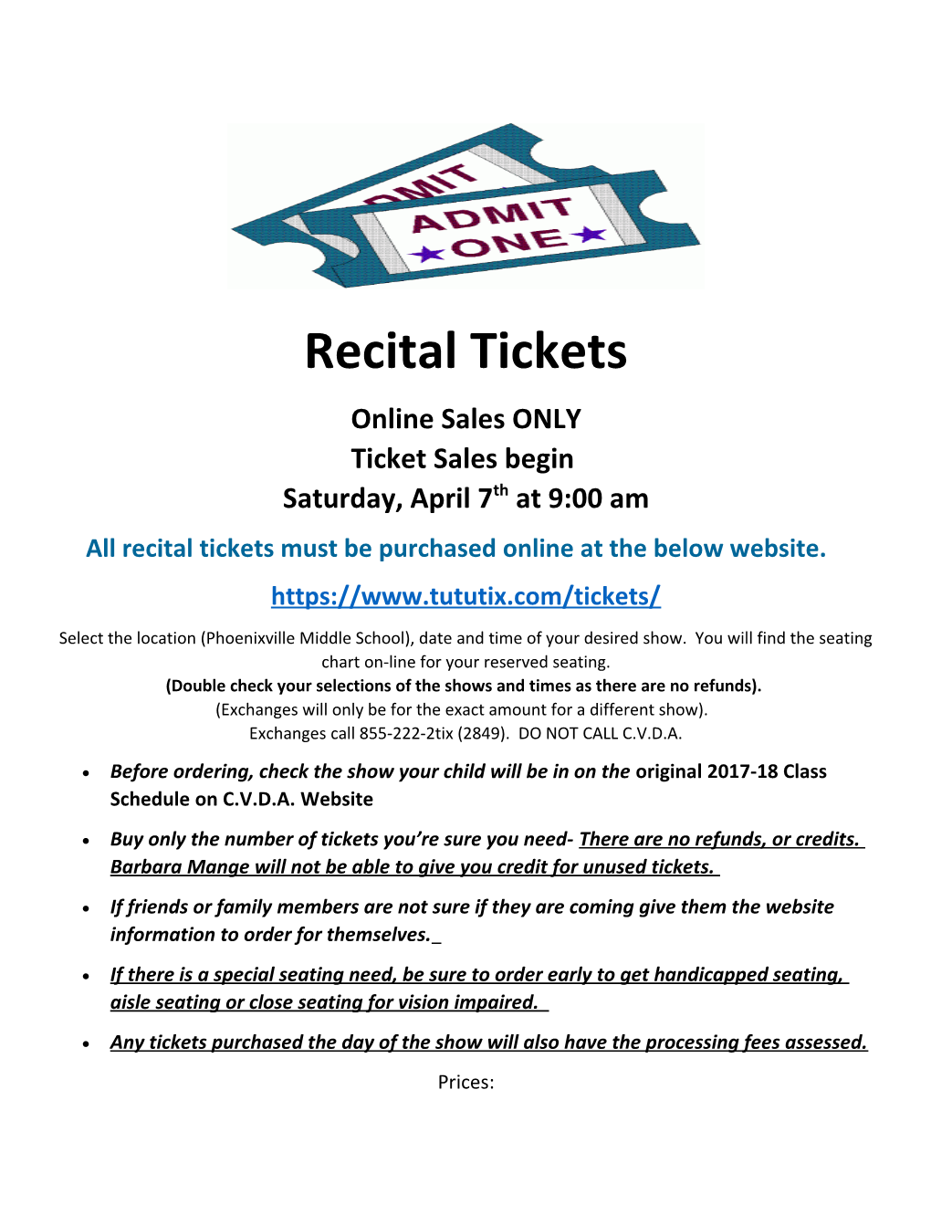 All Recital Tickets Must Be Purchased Online at the Below Website