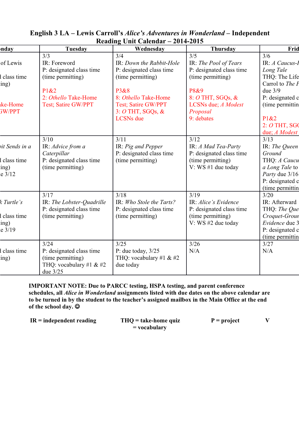 English 3 LA Lewis Carroll S Alice S Adventures in Wonderland Independent Reading Unit