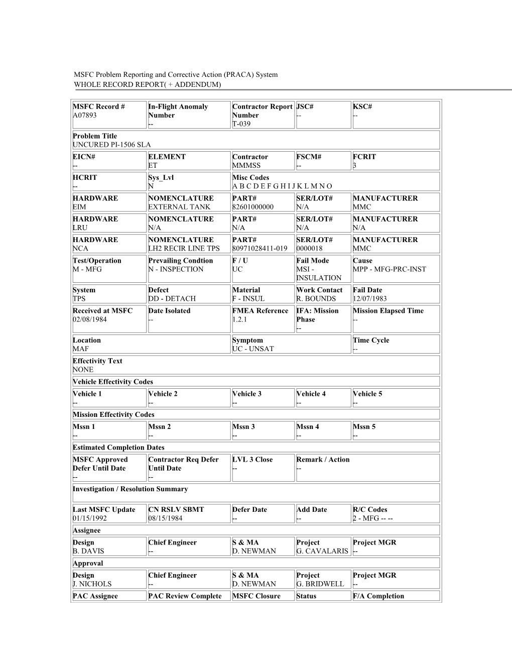 MSFC Problem Reporting and Corrective Action (PRACA) System s1