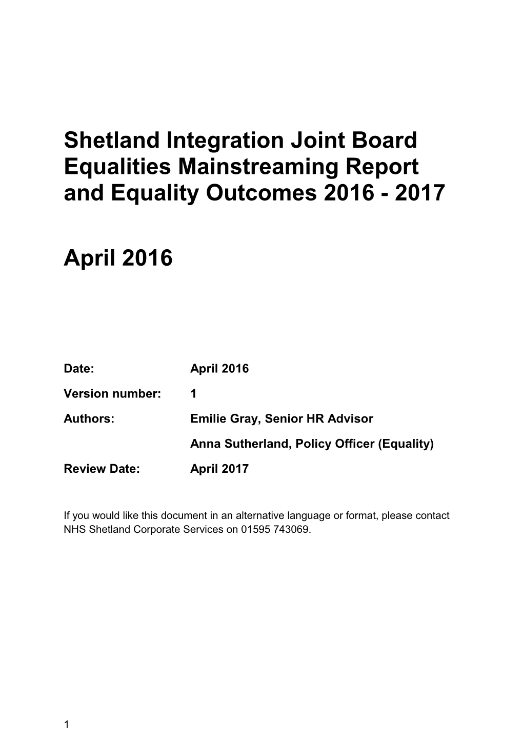 Shetland Integration Joint Board Equalities Mainstreaming Report and Equality Outcomes