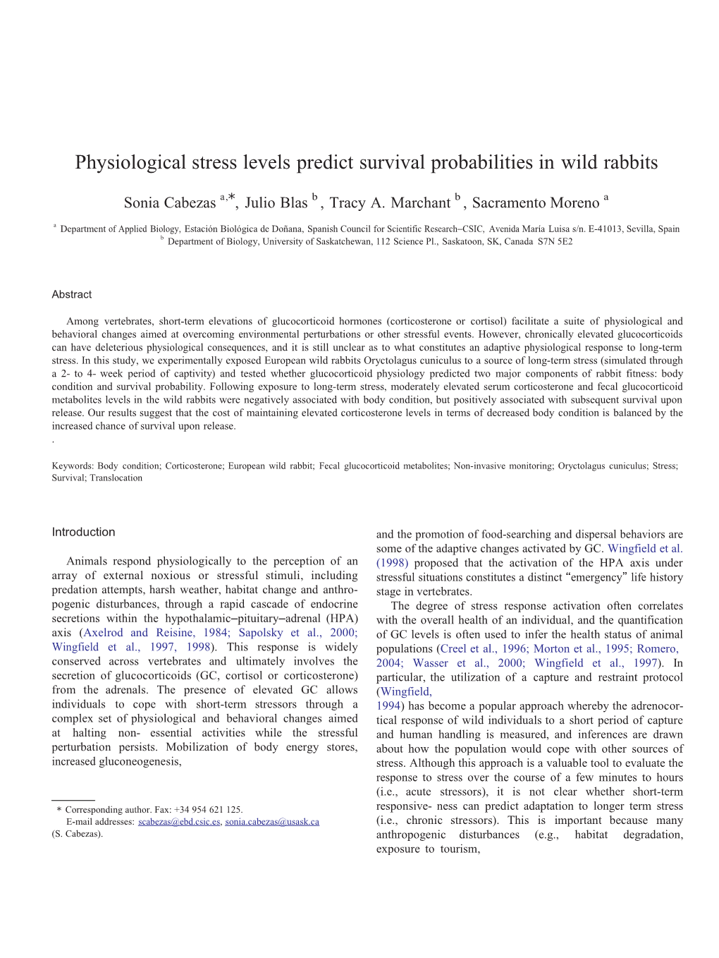 Physiological Stress Levels Predict Survival Probabilities in Wild Rabbits