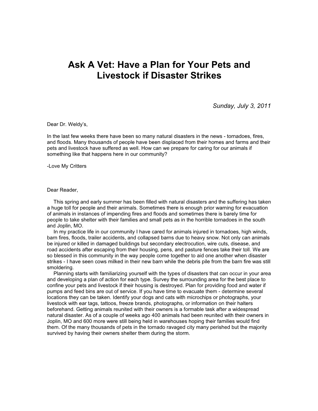 Ask a Vet: Have a Plan for Your Pets and Livestock If Disaster Strikes