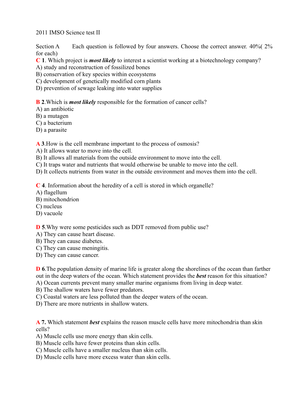 2011 IMSO Science Test II