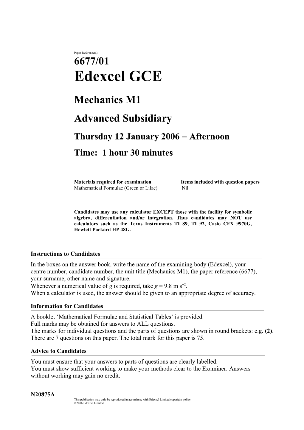 June 2006 - 6677 Mechanics M1 - Question Paper