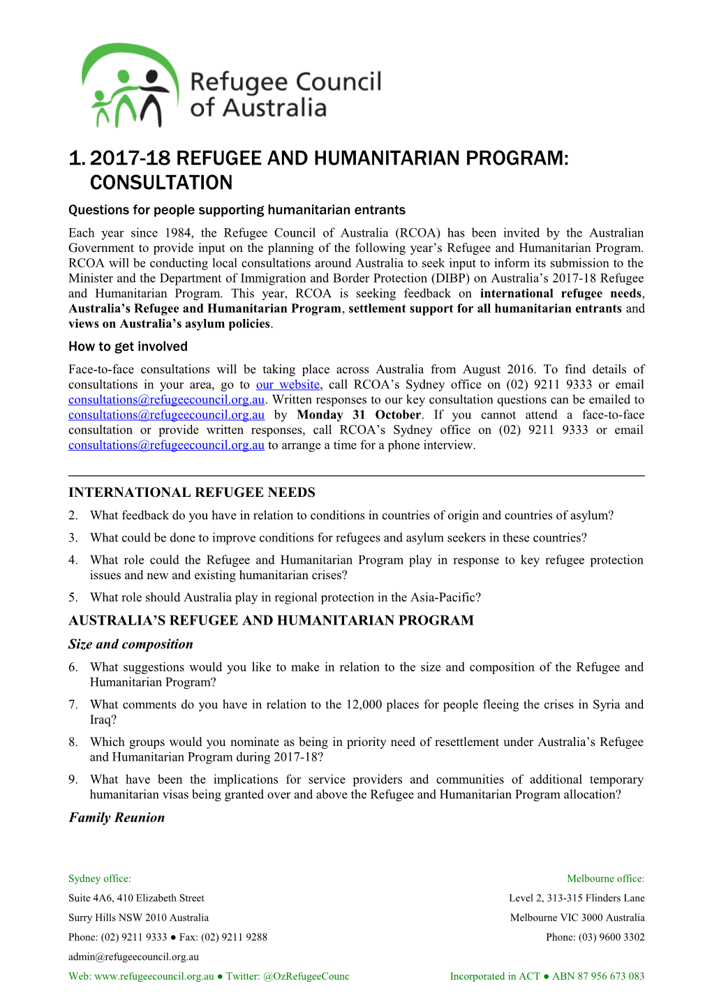 2017-2018 Refugee and Humanitarian Consultation Questions for Service Providers