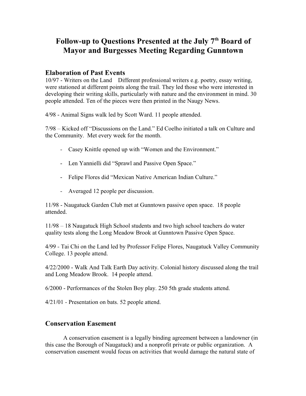 Follow-Up to Questions Presented at the July 7Th Board of Mayor and Burgesses Meeting Regarding