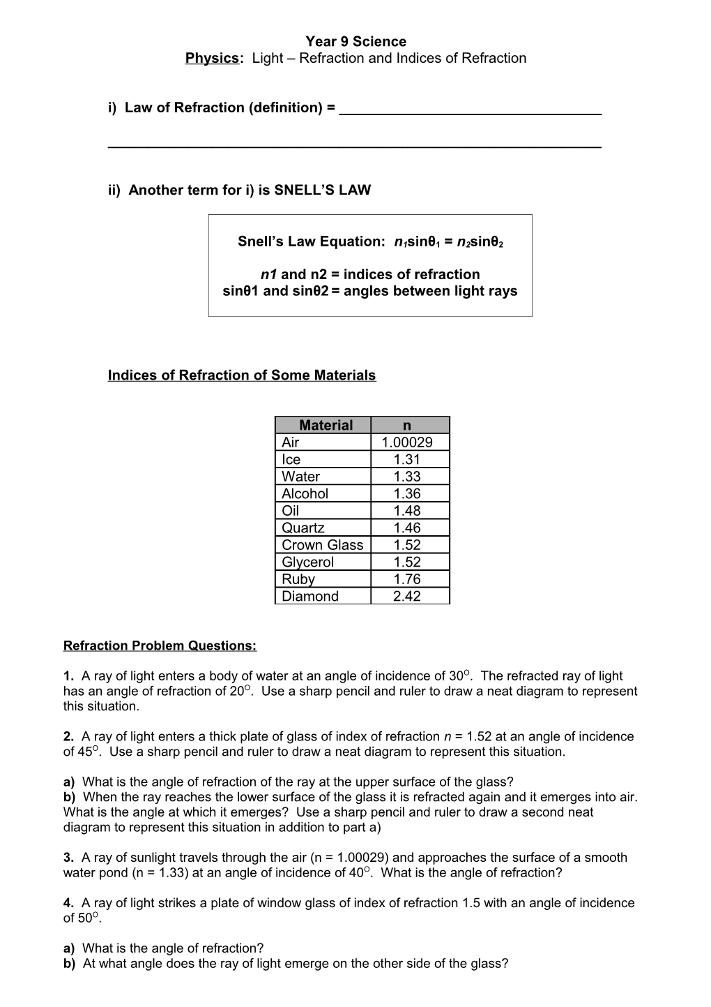 Physics: Light Refraction and Indices of Refraction