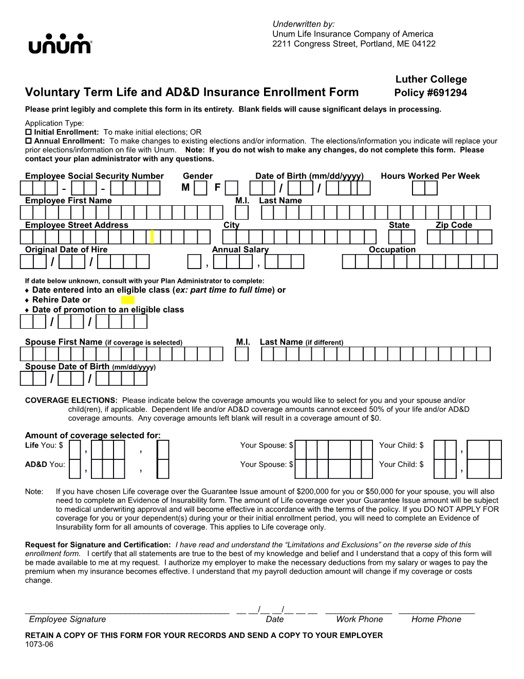 Voluntary Term Life and AD&D Insurance Enrollment Form Policy #691294