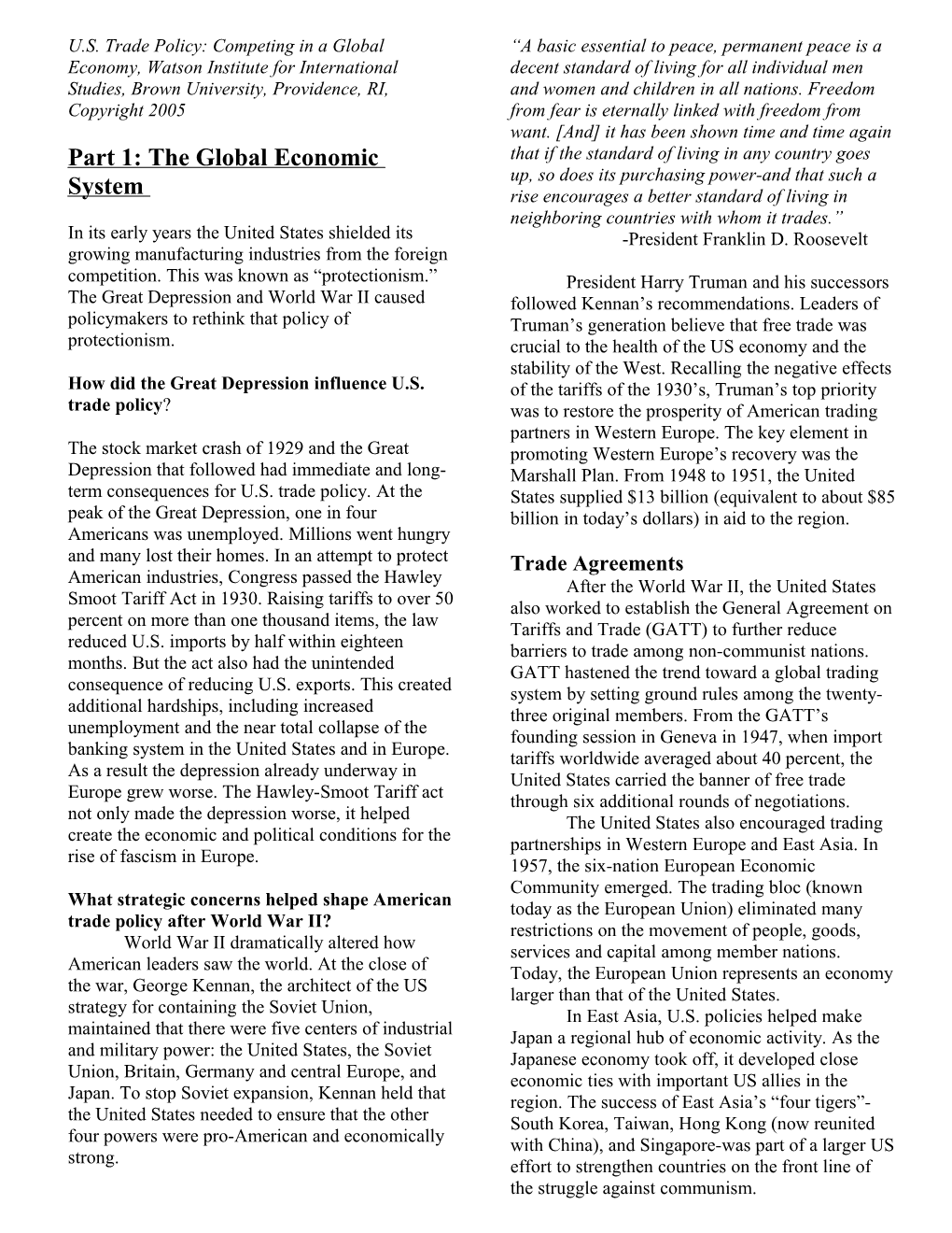 Part 1: the Global Economic System