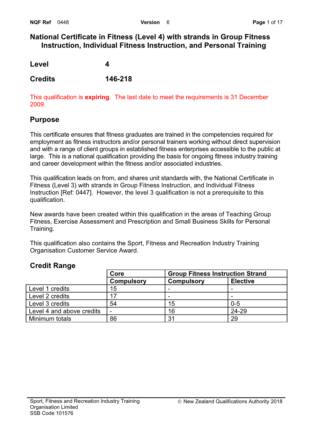 0448 National Certificate in Fitness (Level 4) with Strands in Group Fitness Instruction