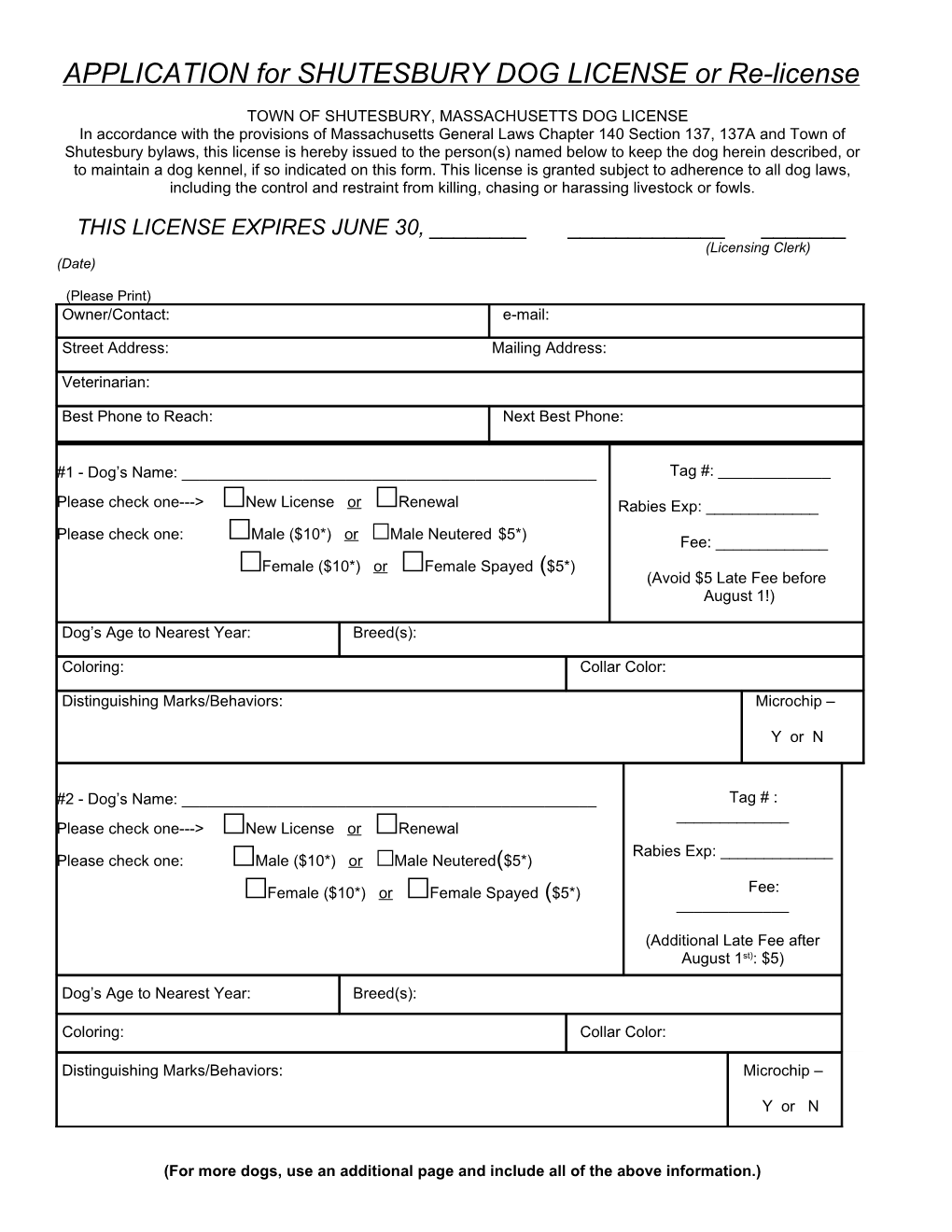 APPLICATION for SHUTESBURY DOG LICENSE Or Re-License