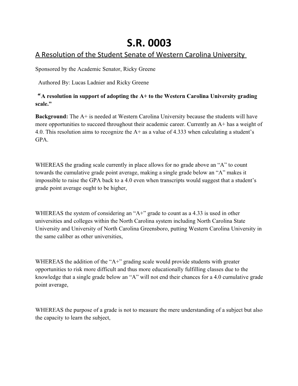 A Resolution of the Student Senate of Western Carolina University