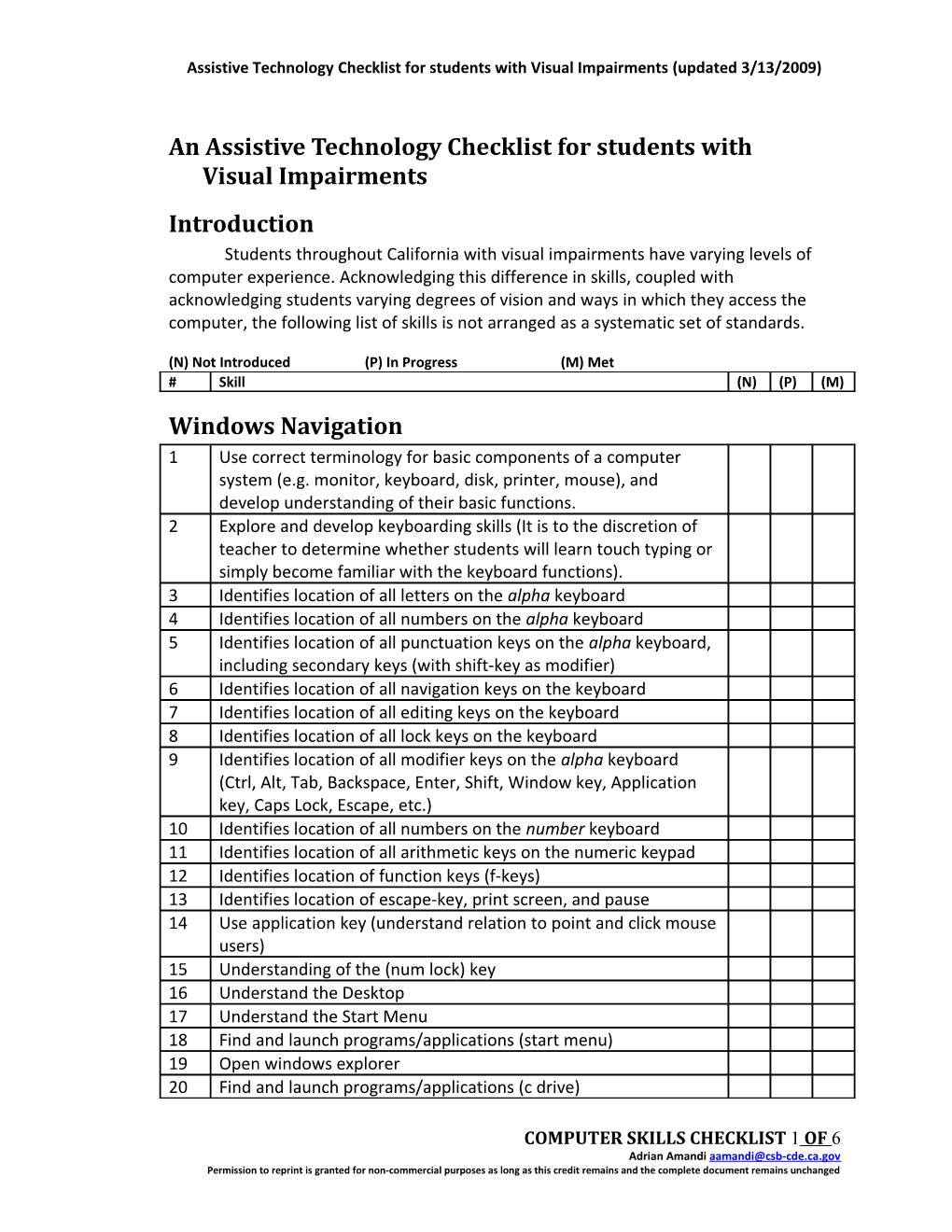 Assistive Technology Checklist for Students with Visual Impairments (Updated 3/13/2009)