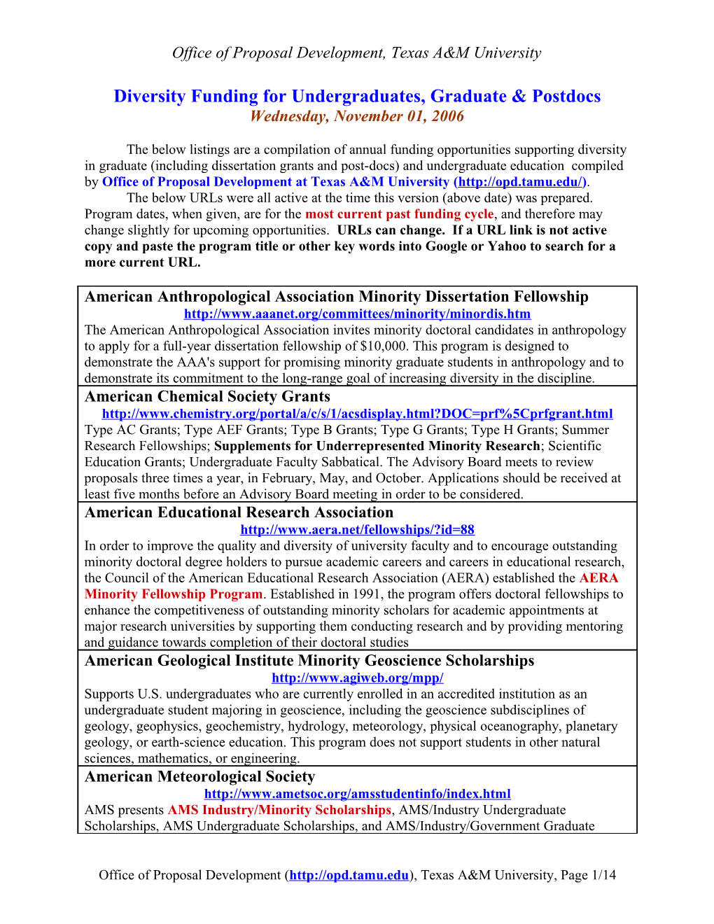 Diversity Matrix for Graduate Fellowships and Undergraduate Research