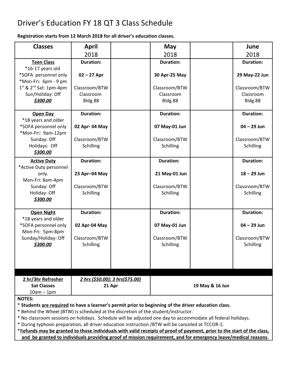 Driver S Education FY 18 QT3 Class Schedule