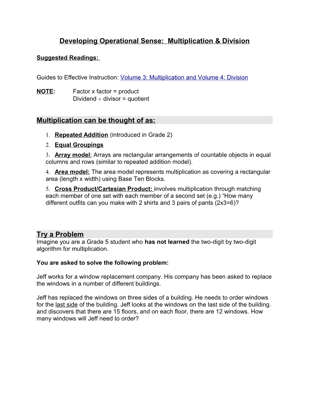 Developing Operational Sense: Multiplication & Division