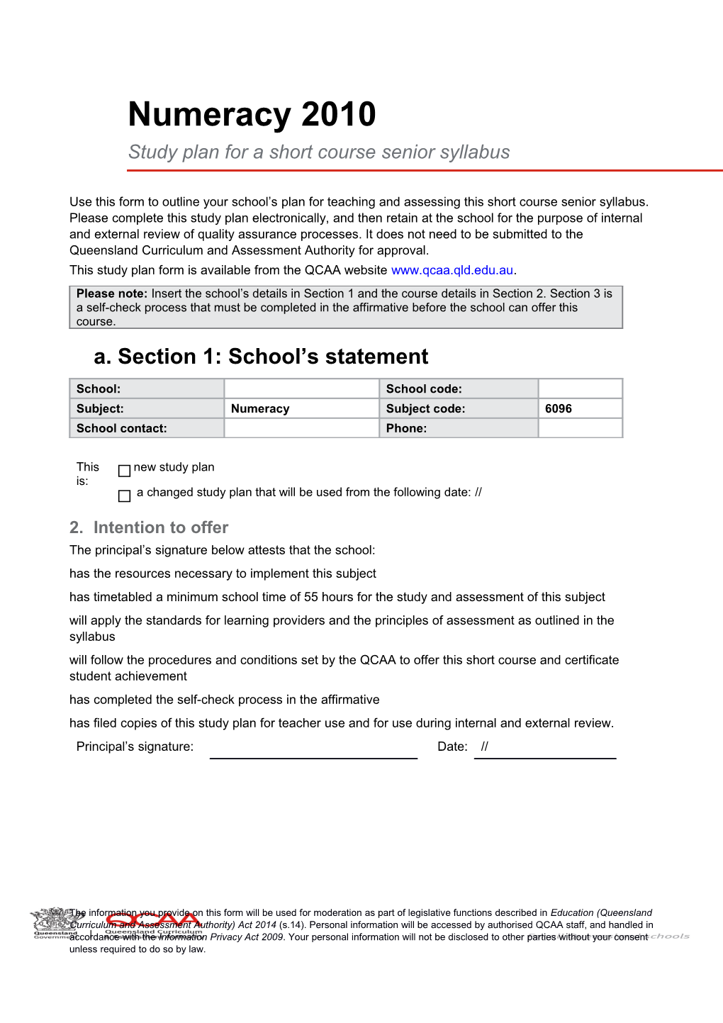 Short Course in Numeracy Study Plan Template