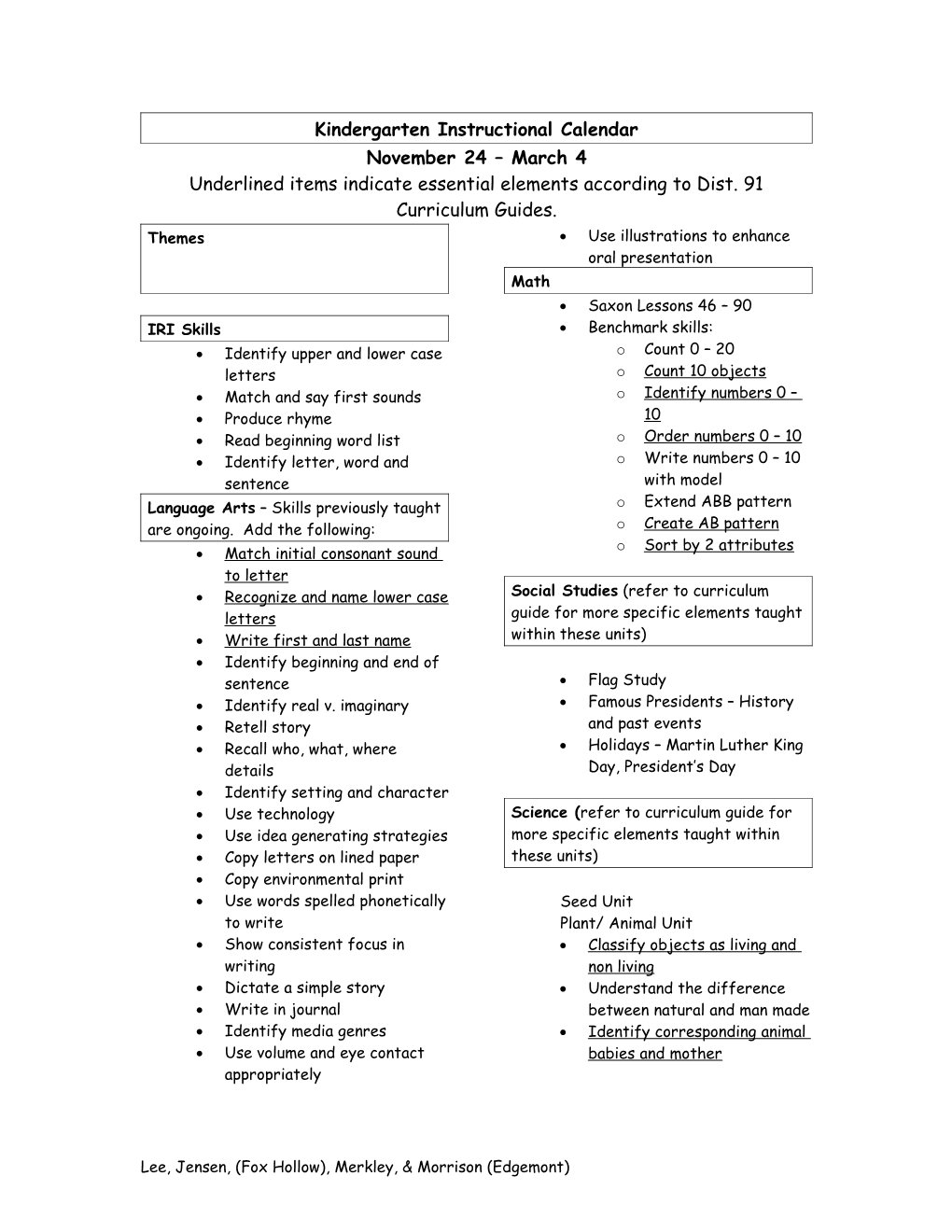 Kindergarten Instructional Calendar