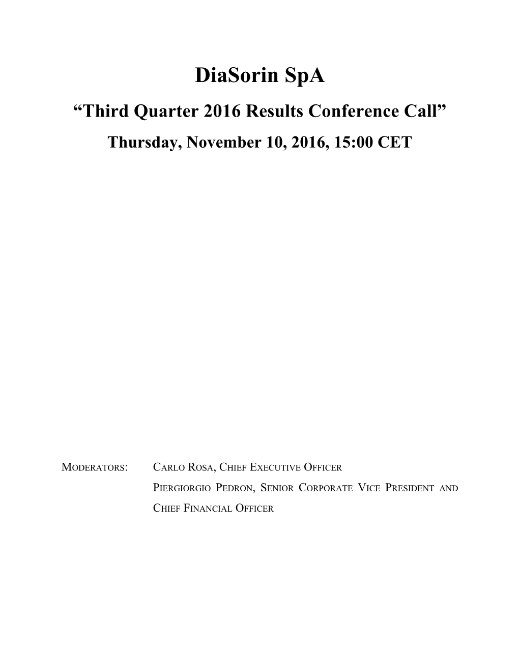 Third Quarter 2016 Results Conference Call