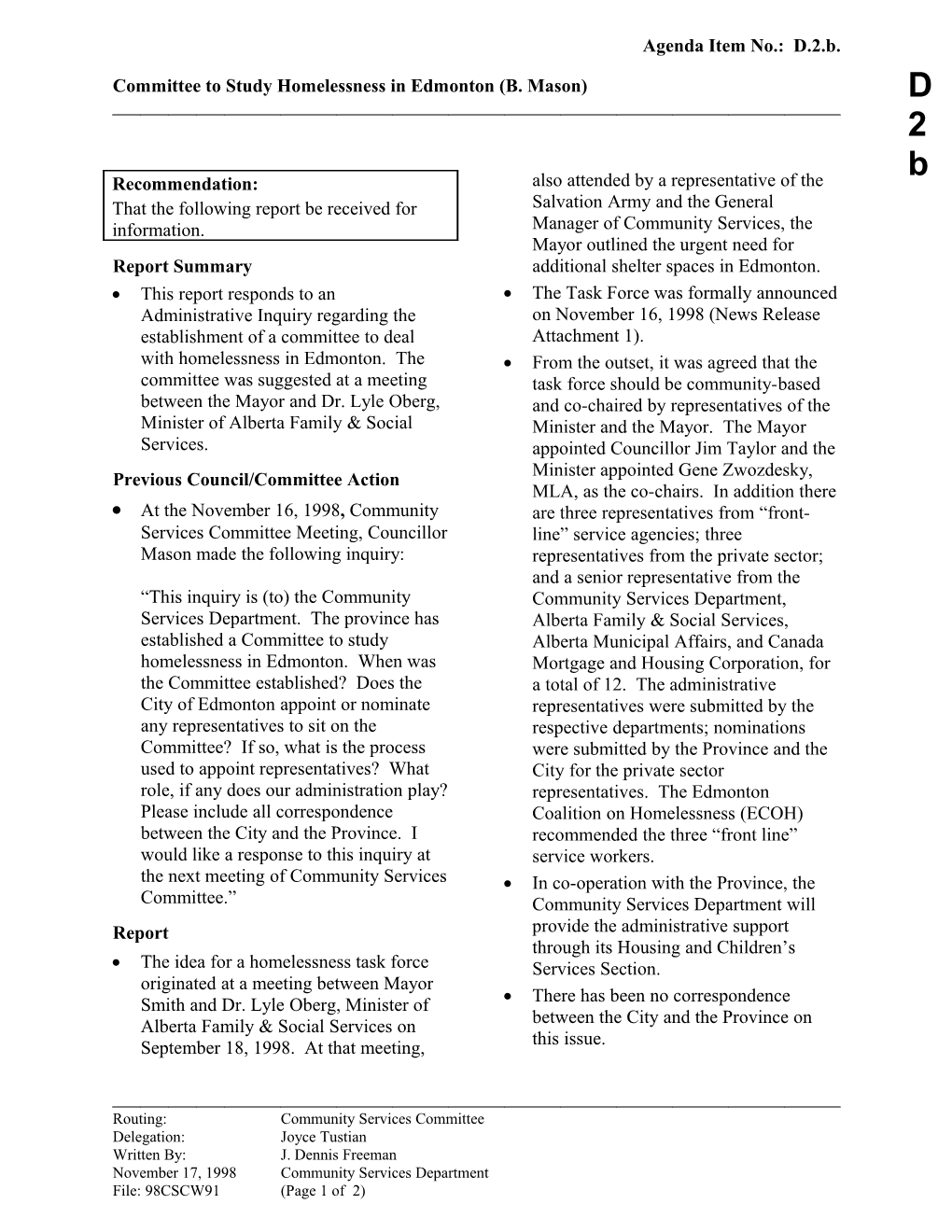 Report for Community Services Committee November 30, 1998 Meeting