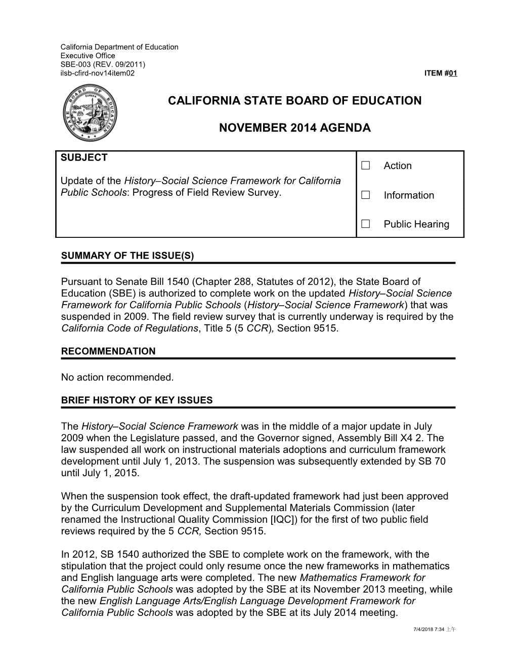 November 2014 Agenda Item 01 - Meeting Agendas (CA State Board of Education)