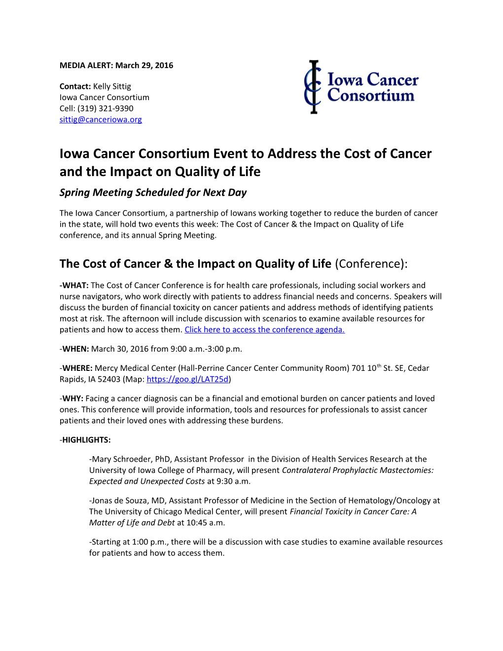 Iowa Cancer Consortium Event to Address the Cost of Cancer and the Impact on Quality of Life