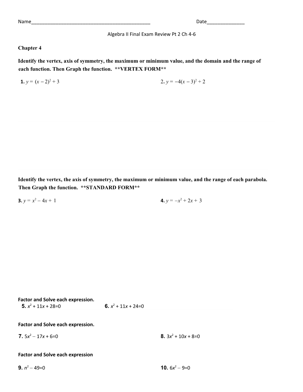 Algebra II Final Exam Review Pt 2Ch 4-6