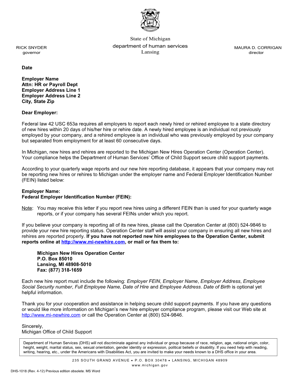 DHS-1018, New Hire Reporting/Quarterly Wage Match Compliance Letter