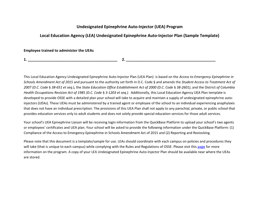 Undesignated Epinephrine Auto-Injector (UEA) Program