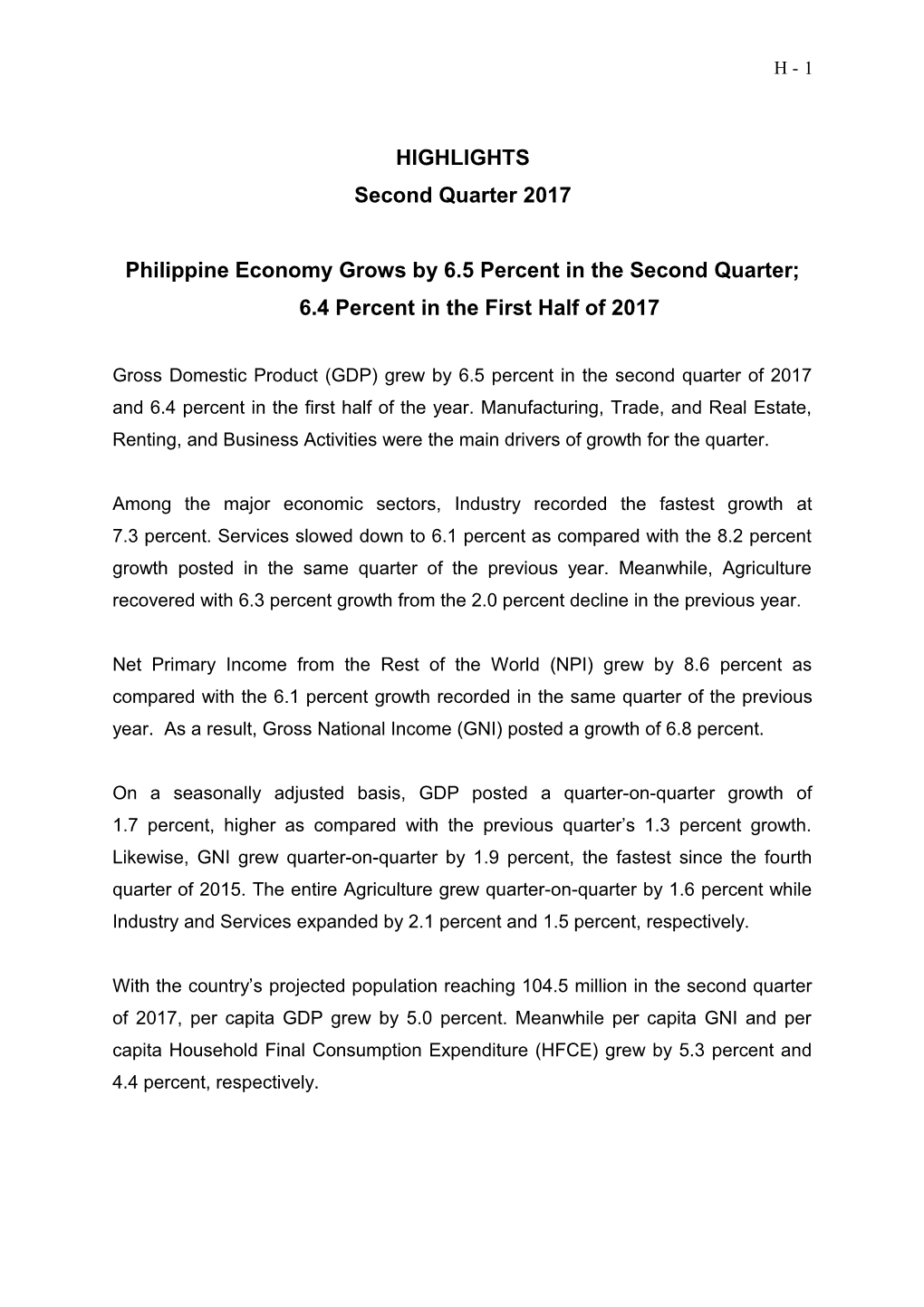 Philippine Economy Grows by 6.5 Percent in the Second Quarter; 6.4 Percent in the First