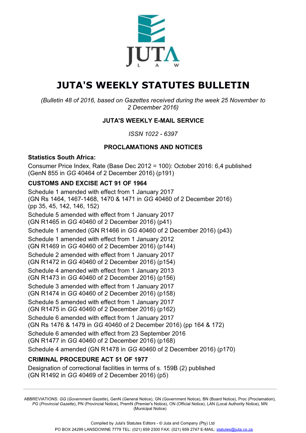 Juta's Weekly Statutes Bulletin s1