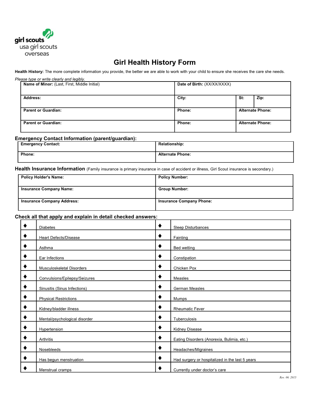 Girl Scouts Health History and Medical Examination Form for Minors