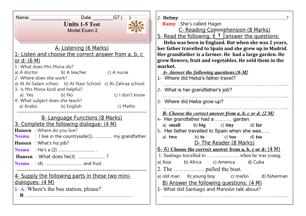 1- Listen and Choose the Correct Answer from A, B, C Or D: (6 M)