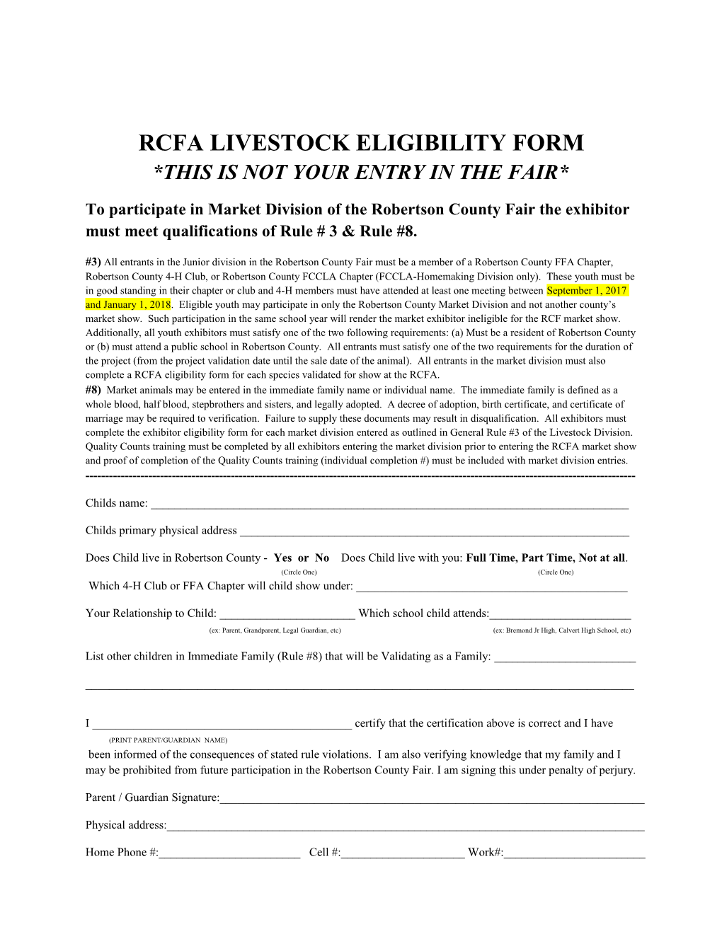 Rcfa Livestock Eligibility Form *This Is Not Your Entry in the Fair*