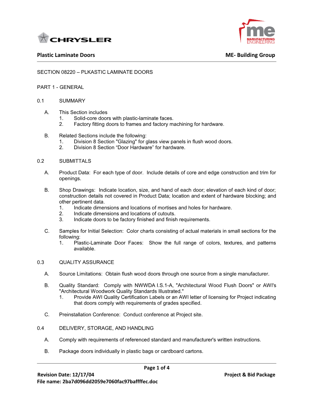 Section 08220 - Plastic Laminate Doors