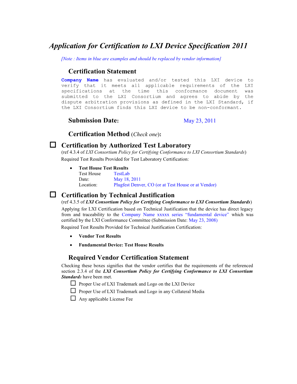 Application for Certification to LXI Device Specification 2011