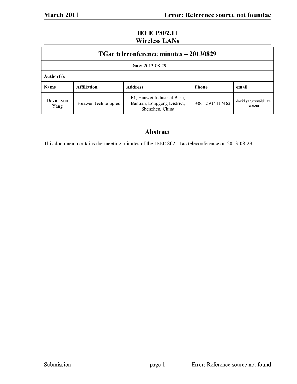 This Document Contains the Meeting Minutes of the IEEE 802.11Ac Teleconference on 2013-08-29