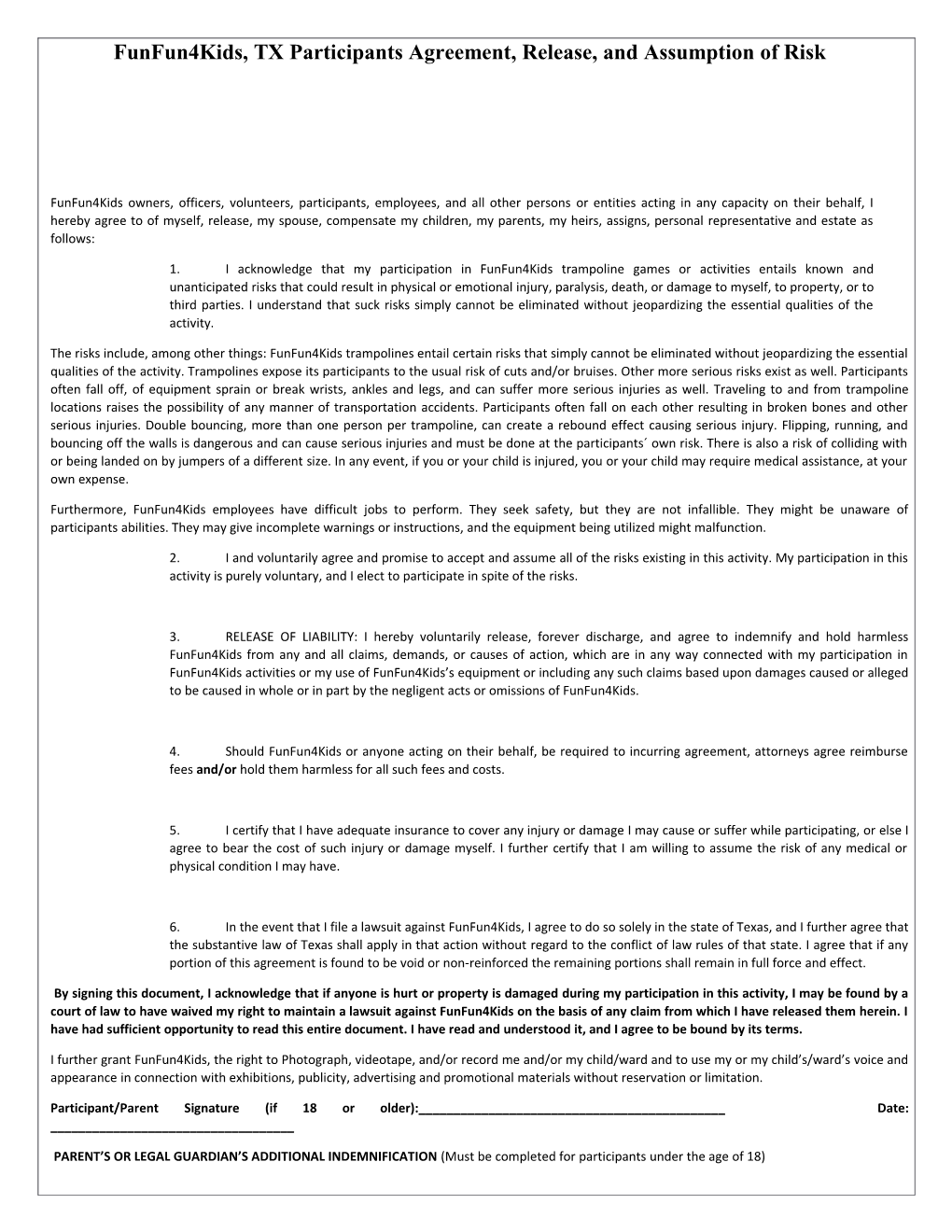 Funfun4kids, TX Participants Agreement, Release, and Assumption of Risk