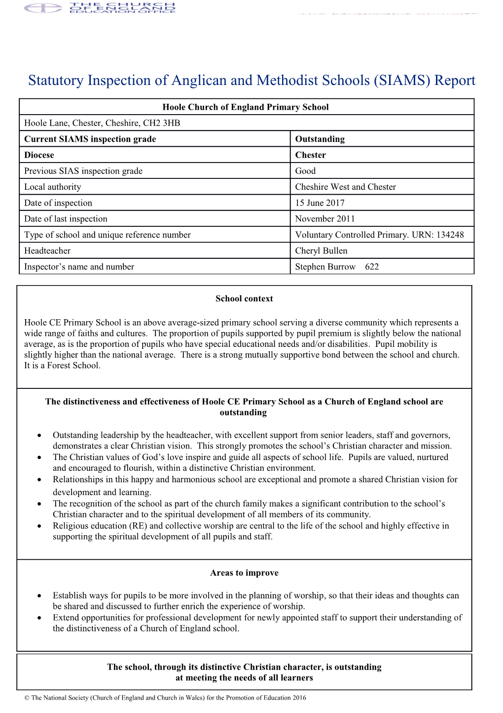 Statutory Inspection of Anglican and Methodist Schools (SIAMS) Report