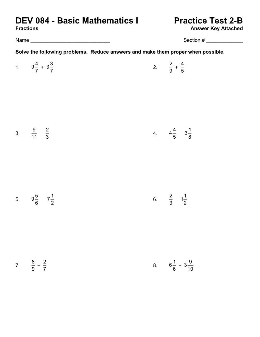 DEV 084 Basic Mathematics I Practice Test 2-B