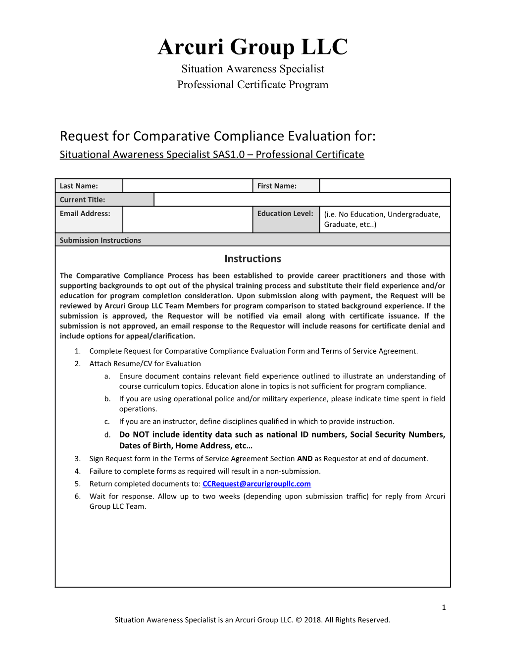 Request for Comparative Compliance Evaluation Form